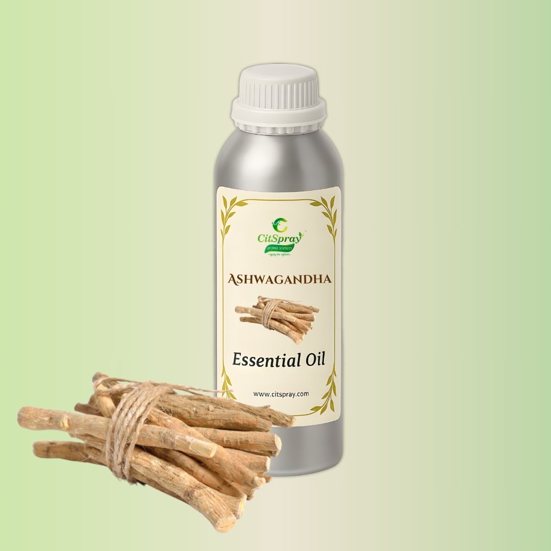 Ashwagandha Essential Oil in aluminium bottle by CitSpray. Plant extract.