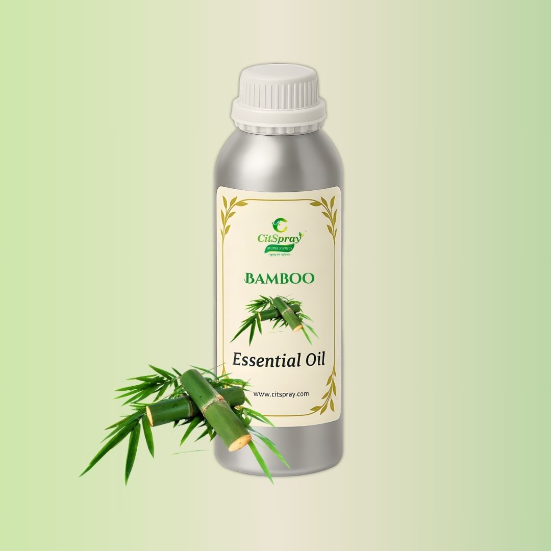 Aluminium bottle labeled "Bamboo Essential Oil" by CitSpray. Botanical packaging.