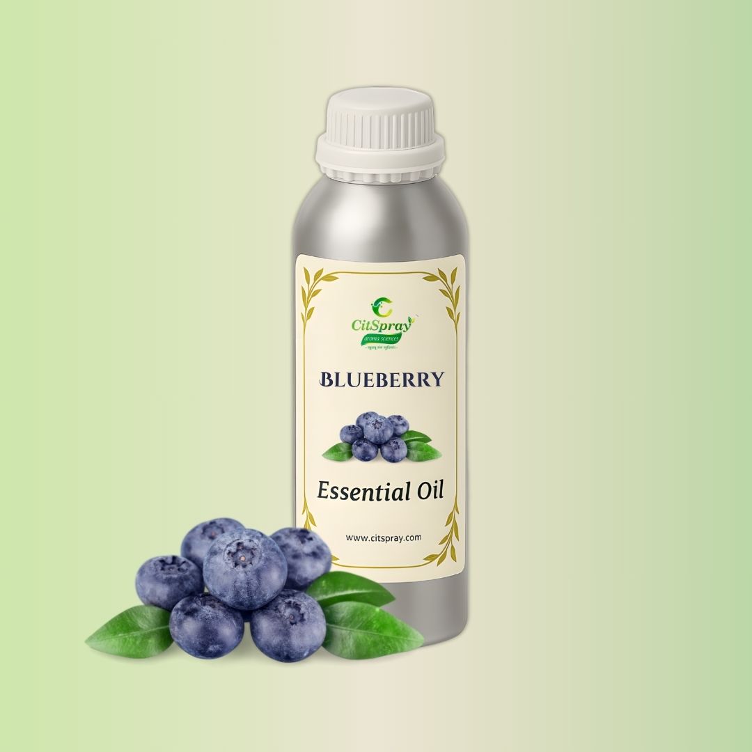 Aluminium bottle of Blueberry Essential Oil by CitSpray. Botanical extract packaging.