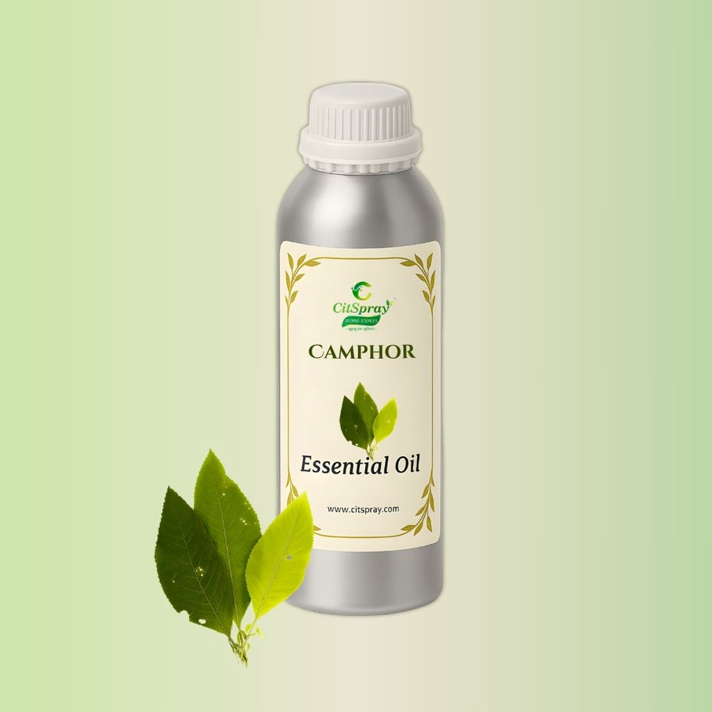 Camphor Essential Oil in aluminum bottle by CitSpray. Natural remedy.