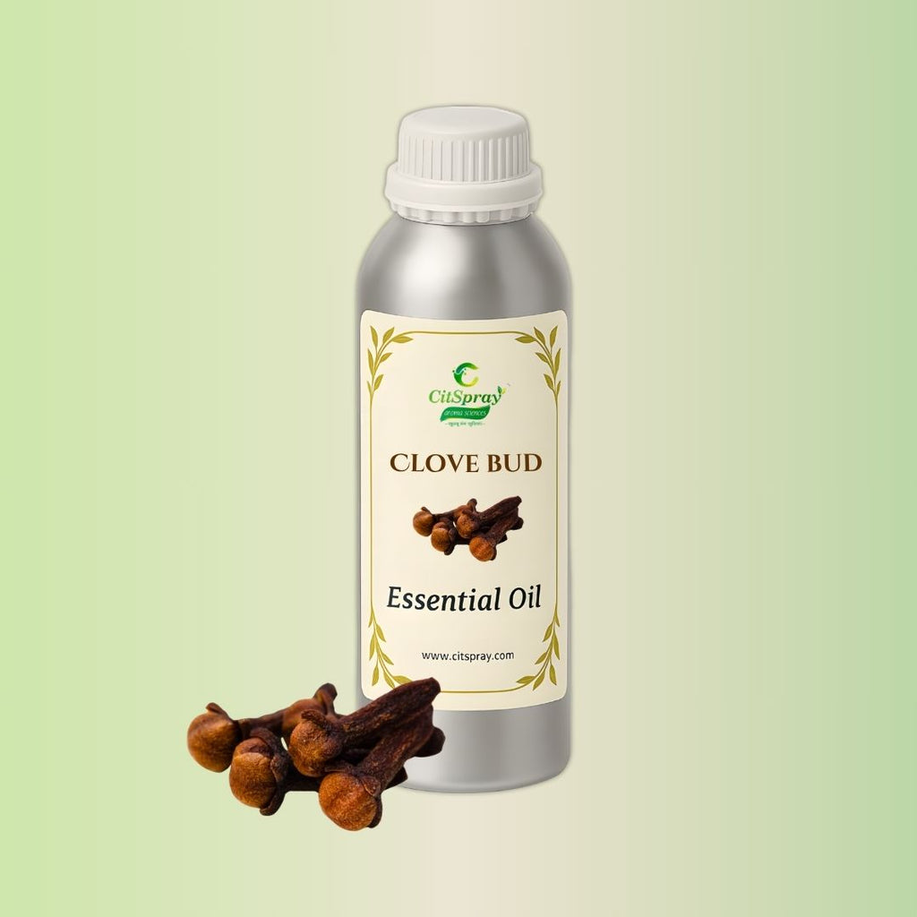 Clove Bud Essential Oil in aluminum bottle. CitSpray label. Botanical product.