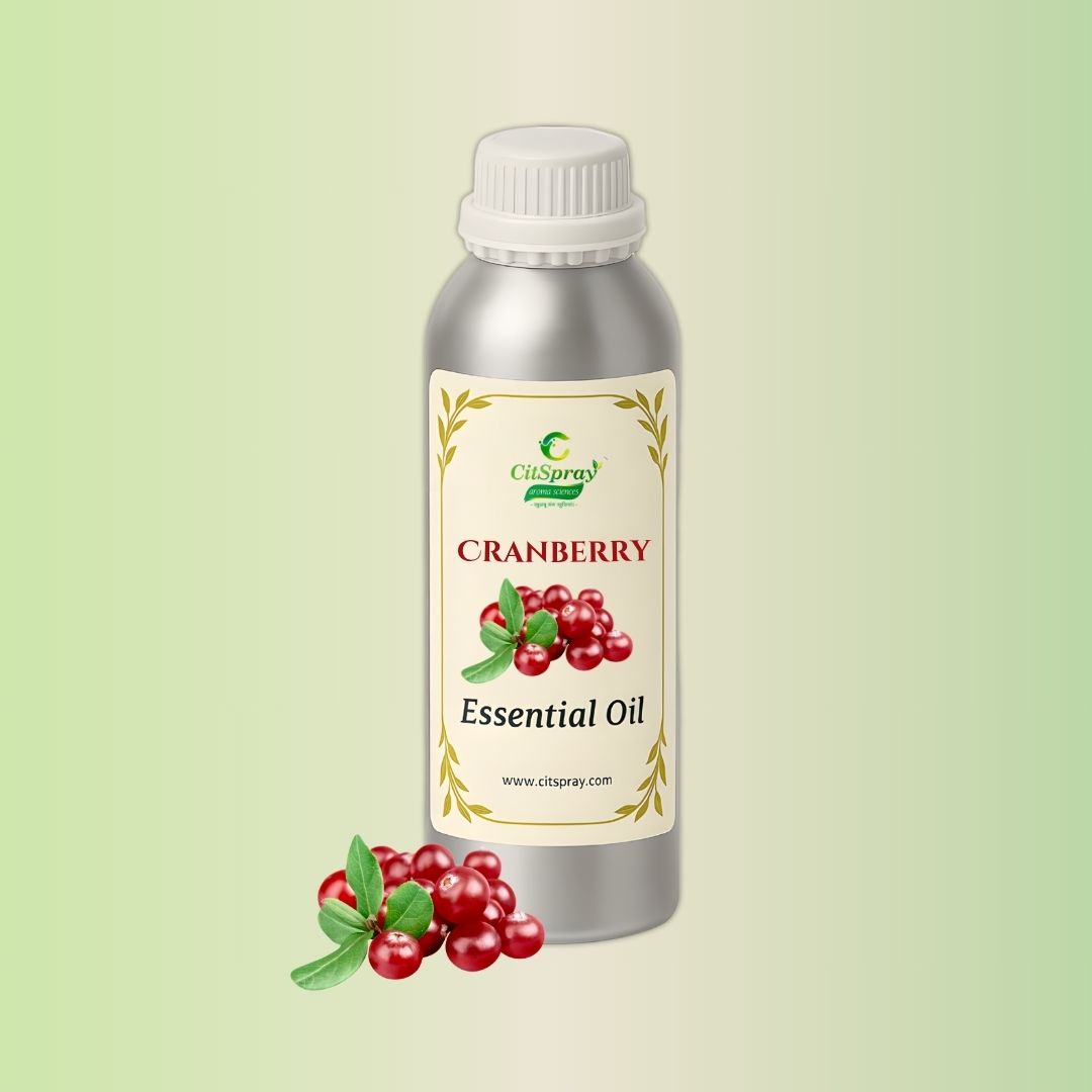 Cranberry Essential Oil in aluminum bottle by CitSpray. Label visible.