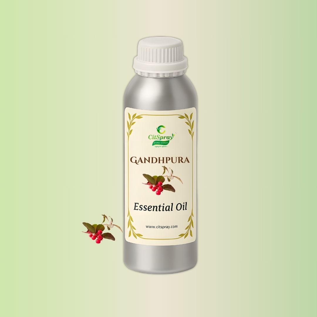 Gandpura Essential Oil by CitSpray. Aluminium bottle. Wintergreen botanical implied.