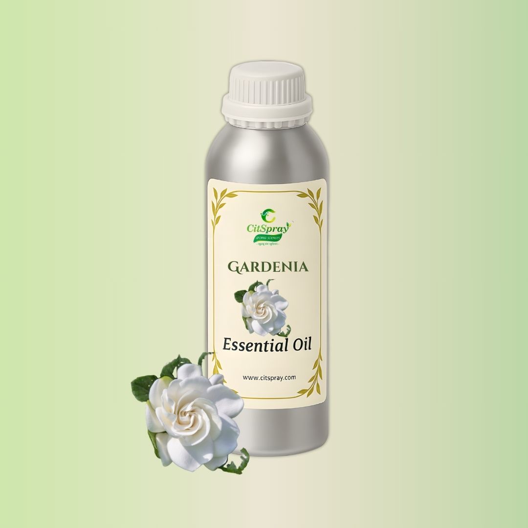 Gardenia Essential Oil: Aluminium bottle labeled "Gardenia Essential Oil" by CitSpray.