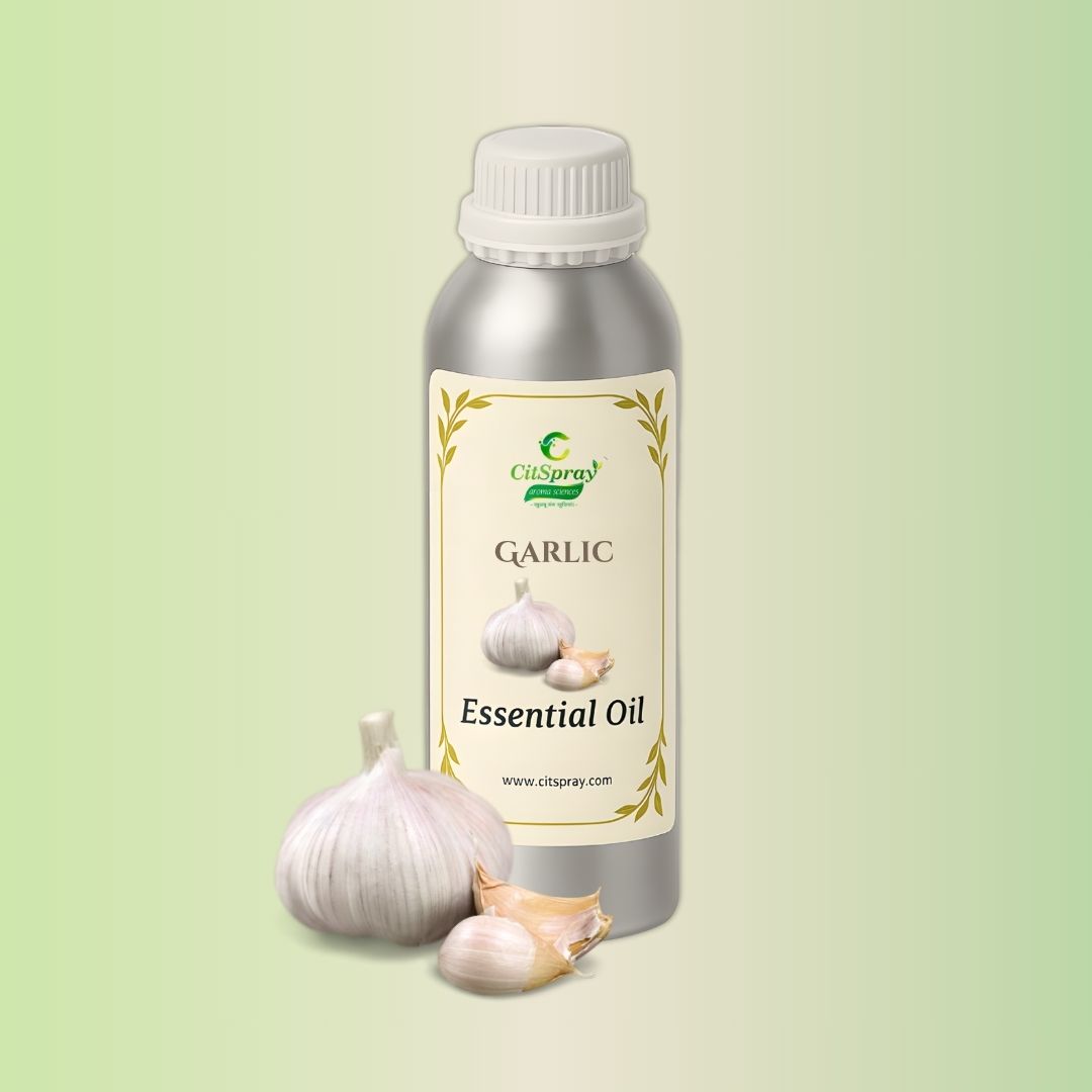 Garlic Essential Oil in aluminum bottle, CitSpray brand. Natural garlic essence.