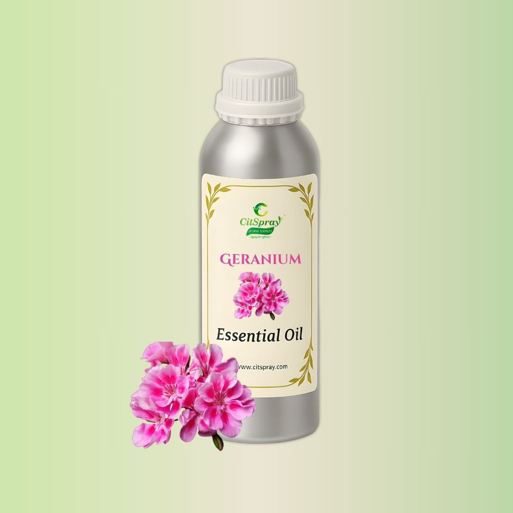 Aluminium bottle of Geranium Essential Oil by CitSpray. Pelargonium graveolens implied.