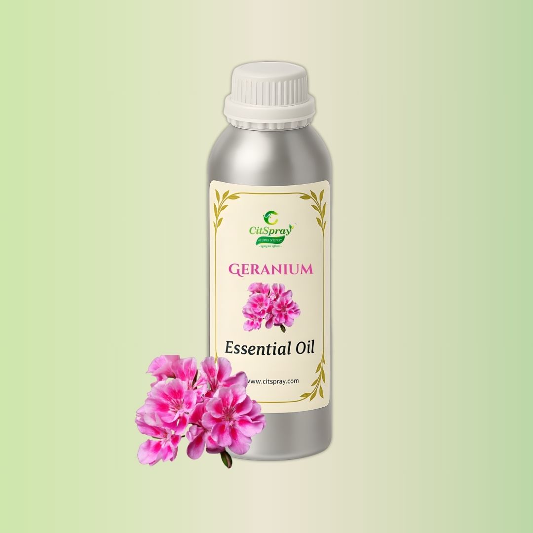 Aluminium bottle of Geranium Essential Oil by CitSpray. Pelargonium graveolens implied.