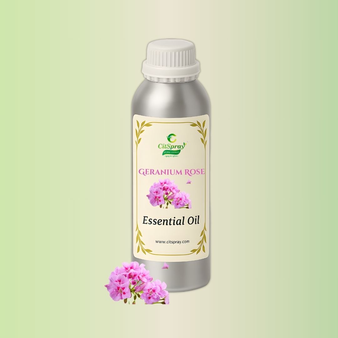 CitSpray Geranium Rose Essential Oil in aluminum bottle. Floral, botanical oil.