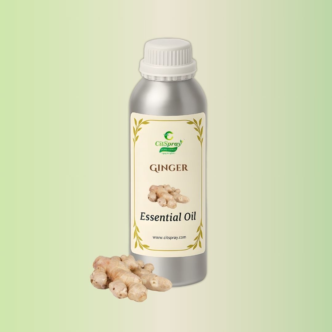 Ginger Essential Oil in CitSpray aluminium bottle. Image shows product packaging.