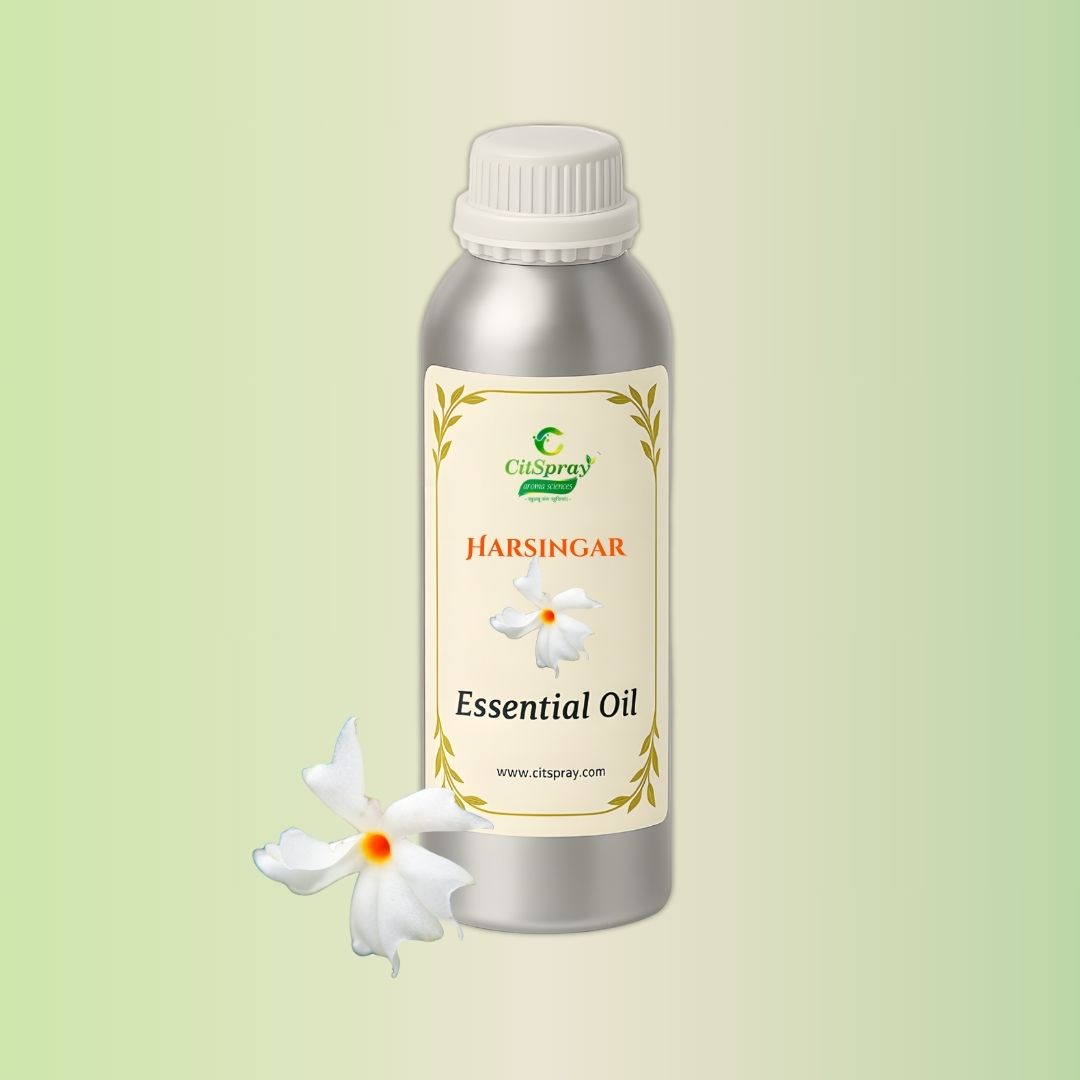 Harshringar Essential Oil in aluminium bottle, CitSpray label. Night-flowering jasmine oil.