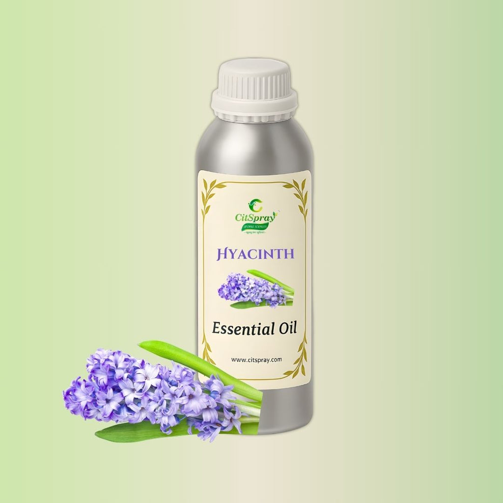 Hyacinth Essential Oil in aluminium bottle. "Hyacinth Essential Oil" label by CitSpray. Floral scent.