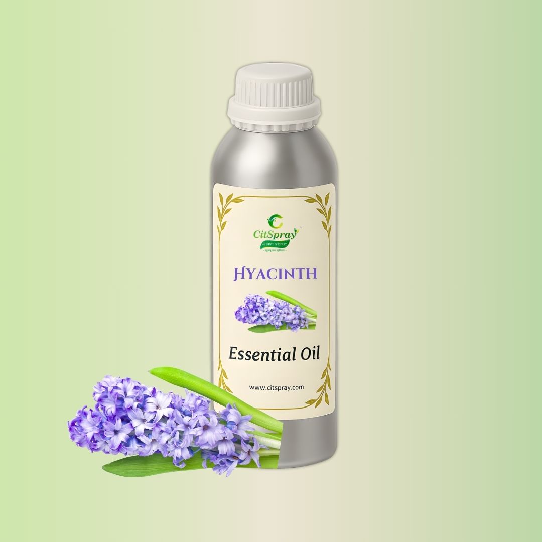 Hyacinth Essential Oil in aluminium bottle. "Hyacinth Essential Oil" label by CitSpray. Floral scent.