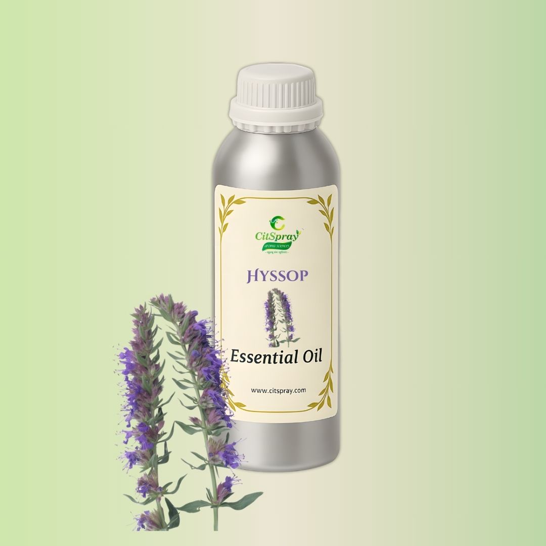 Hyssop Essential Oil in aluminum bottle by CitSpray. Label reads "Hyssop Essential Oil."