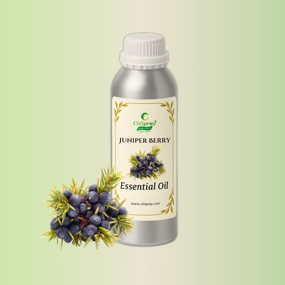 Juniper Berry Essential Oil in aluminum bottle. Label reads "Juniper Berry" by CitSpray.