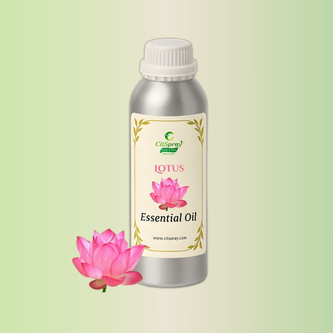 Aluminium "Lotus Essential Oil" bottle by CitSpray. Botanical aromatherapy product.