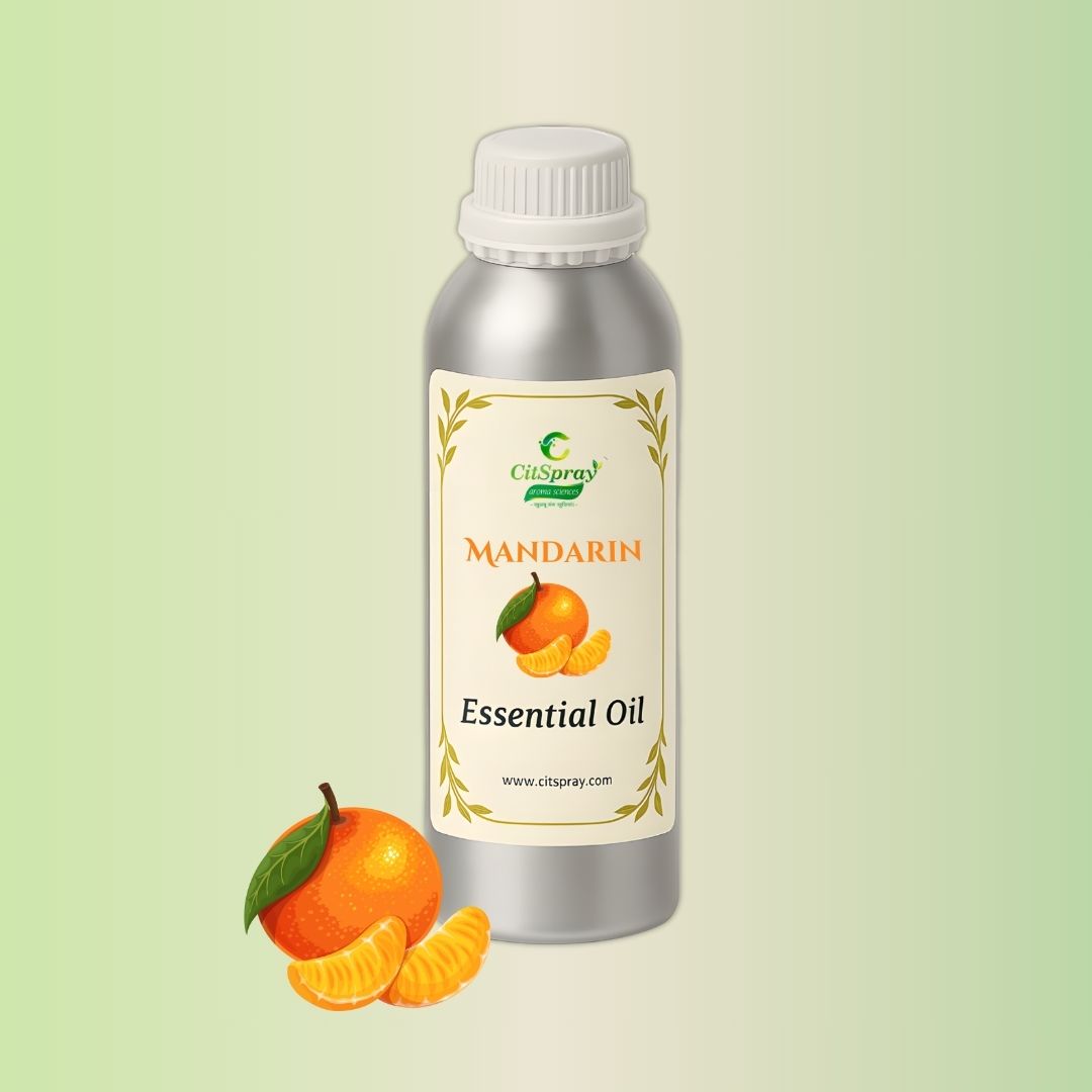 Mandarin Essential Oil in aluminum bottle, CitSpray label. Citrus reticulata oil implied.