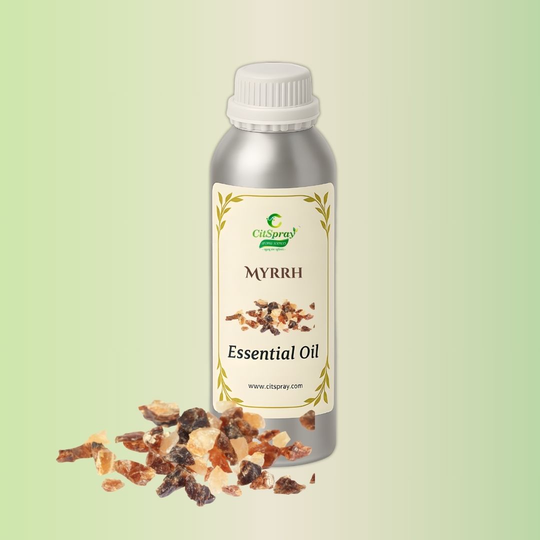 Myrrh Essential Oil by CitSpray. Aluminium bottle labeled "Myrrh Essential Oil."