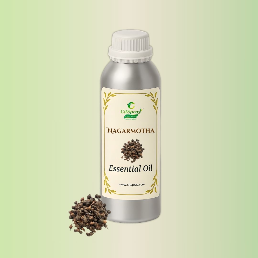 Nagarmotha Essential Oil in aluminum bottle, CitSpray. Image of Cyperus scariosus oil.
