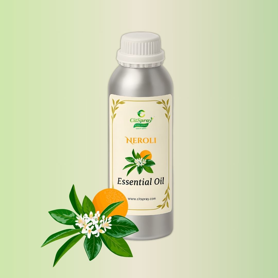Neroli Essential Oil in CitSpray aluminum bottle. Citrus aurantium flower oil.