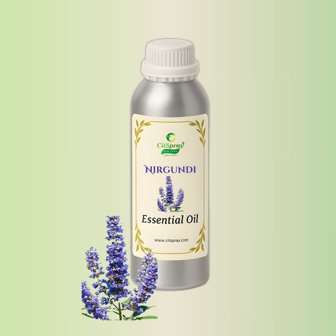 Nirgundi Essential Oil in aluminium bottle labeled CitSpray. Shows oil product.