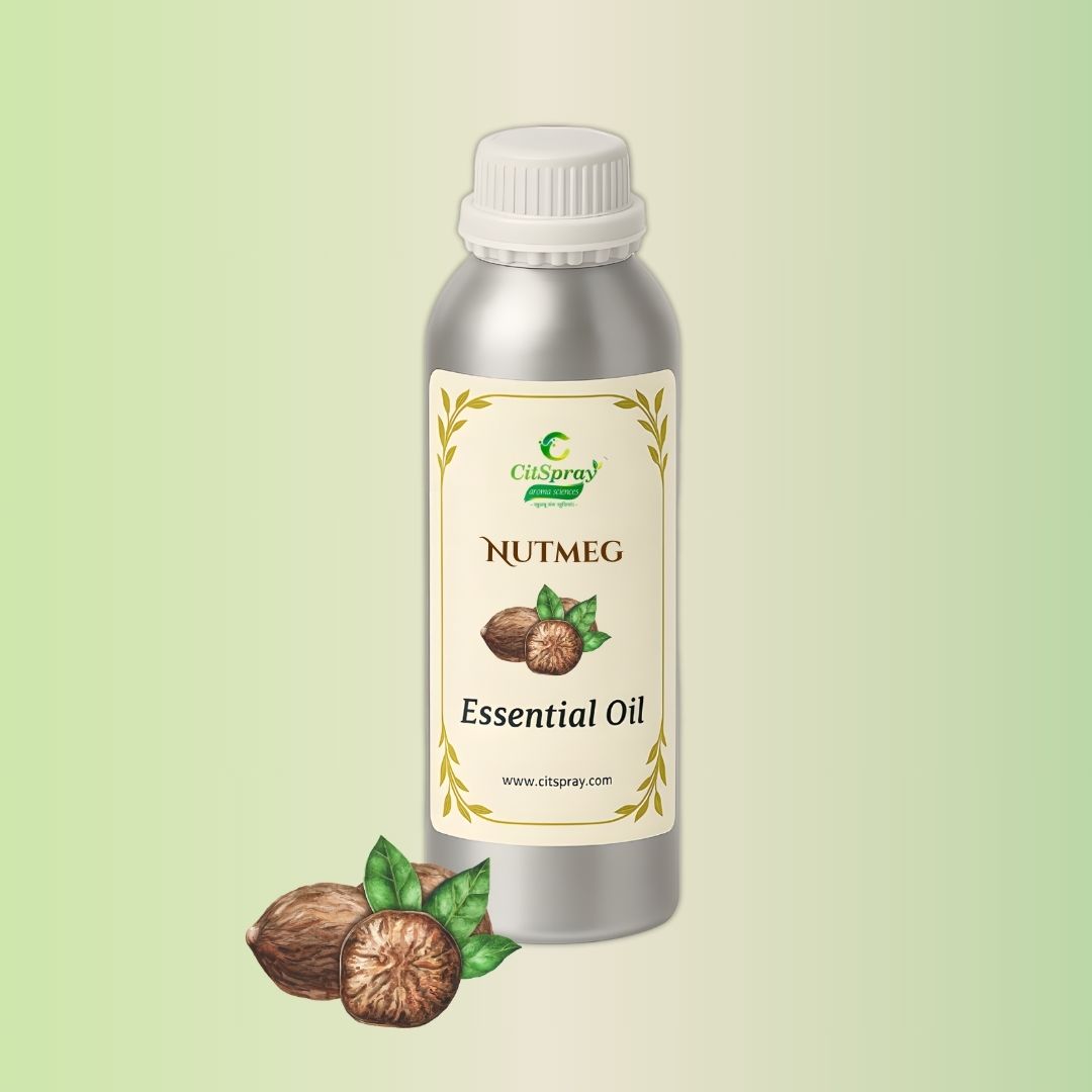 Nutmeg Essential Oil in aluminium bottle. CitSpray label. Myristica fragrans.