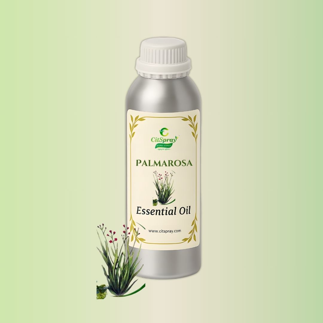 Palmarosa Essential Oil in aluminum bottle. Cymbopogon martinii product by CitSpray.