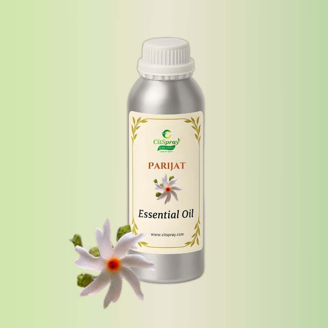 Parijat Essential Oil in aluminum bottle. CitSpray Parijat oil packaging.