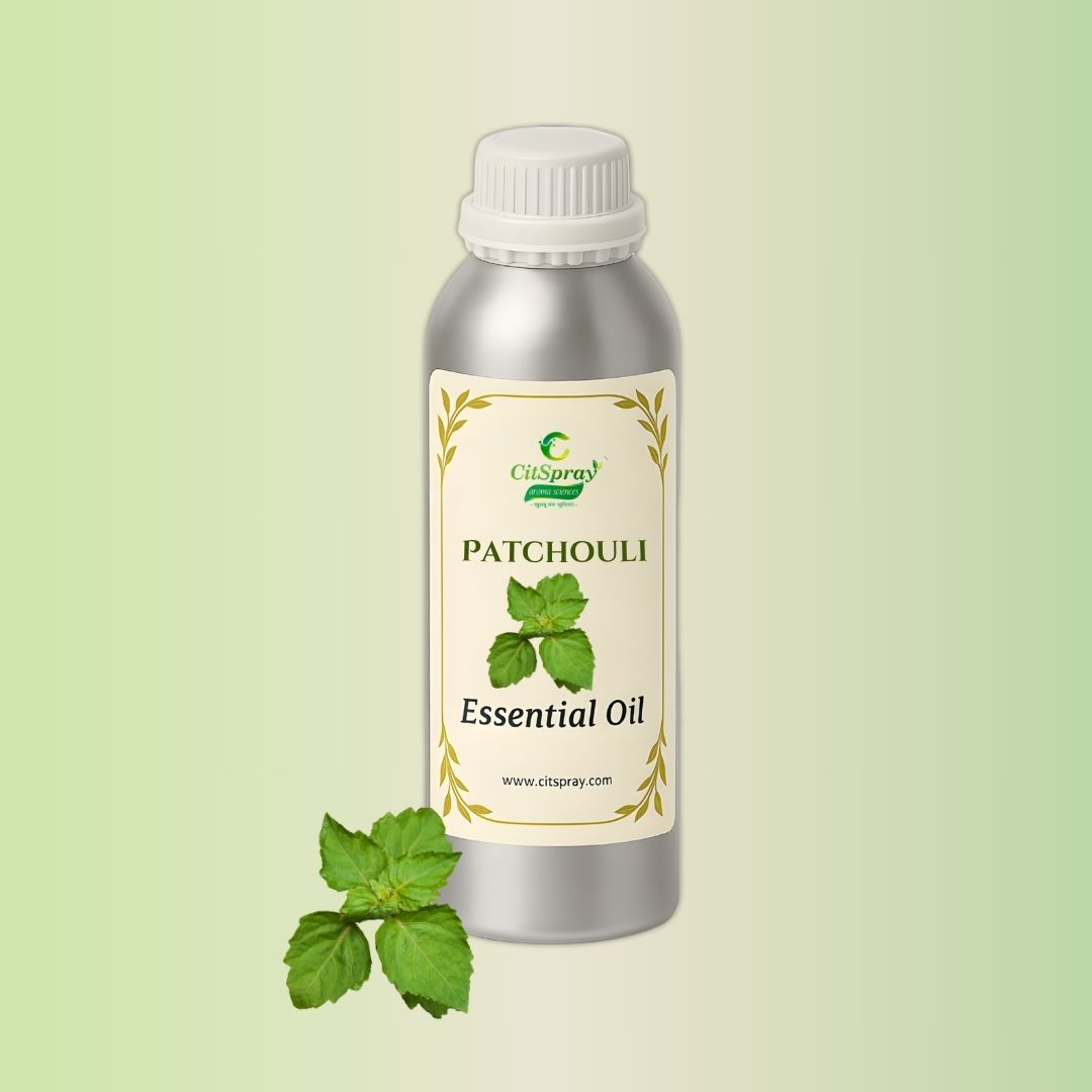 CitSpray Patchouli Essential Oil in aluminium bottle. Patchouli oil packaging.