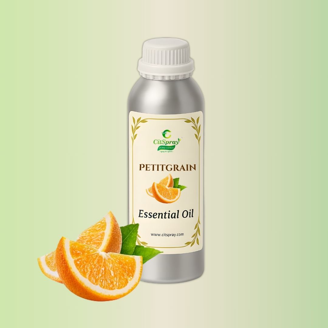 CitSpray Petit Grain Essential Oil in aluminum bottle. Plant-derived fragrance.