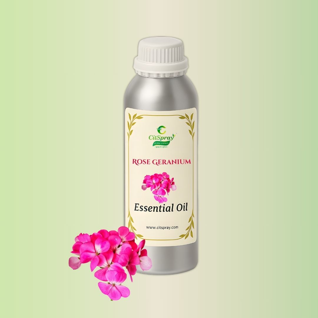 Rose Geranium Essential Oil in aluminum bottle. CitSpray label. Natural fragrance.