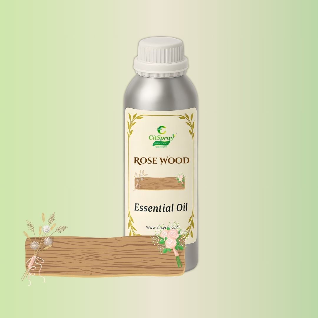 Rose Wood Essential Oil in aluminium bottle by CitSpray. Product packaging.