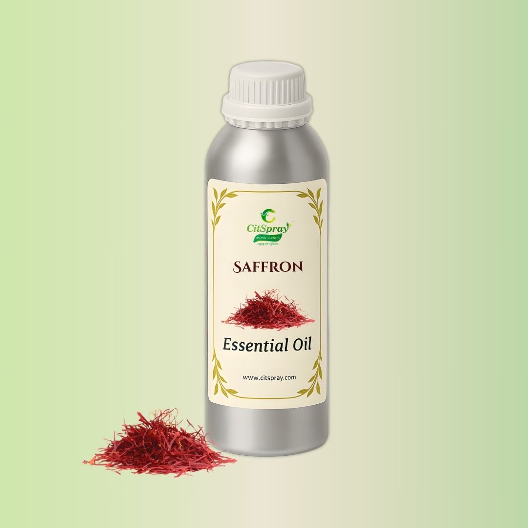 Saffron Essential Oil in aluminium bottle. CitSpray label. Supports natural wellness.