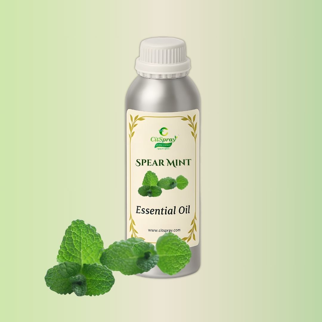Spear Mint Essential Oil by CitSpray. Aluminium bottle showing product name.