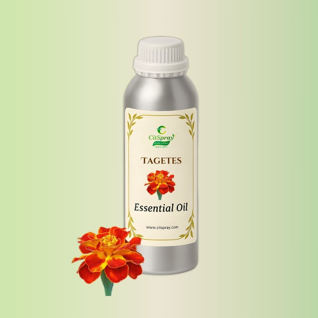 Tagetes Essential Oil by CitSpray. Aluminum bottle showing flower oil.