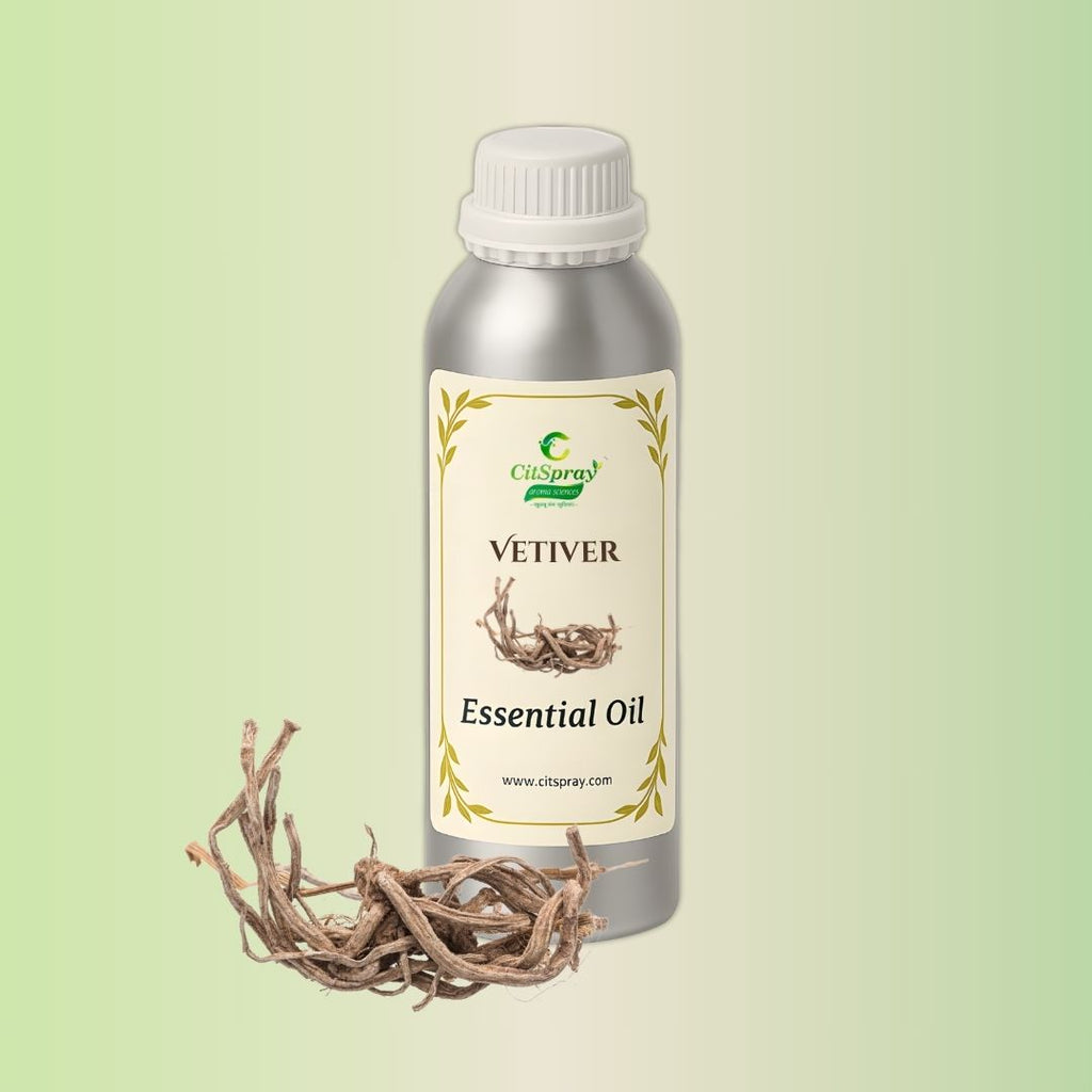 Vetiver Essential Oil in aluminum bottle. Vetiveria zizanioides.
