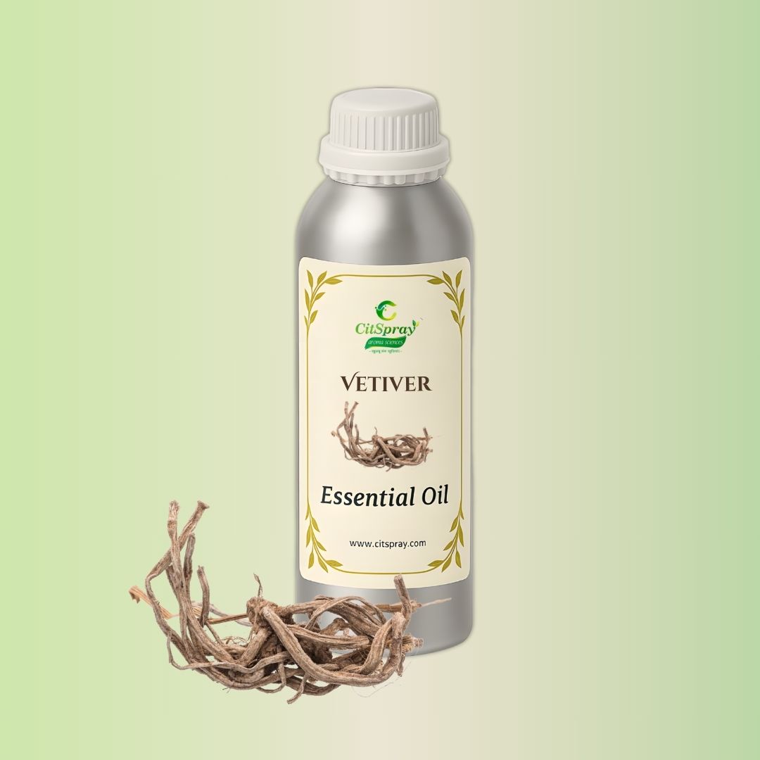 Vetiver Essential Oil in aluminum bottle. Vetiveria zizanioides.